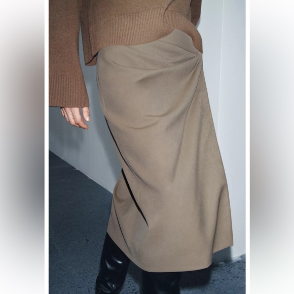 Zara NWT wool blend tan taupe ruched asymmetrical midi skirt - Picture 7 of 11
